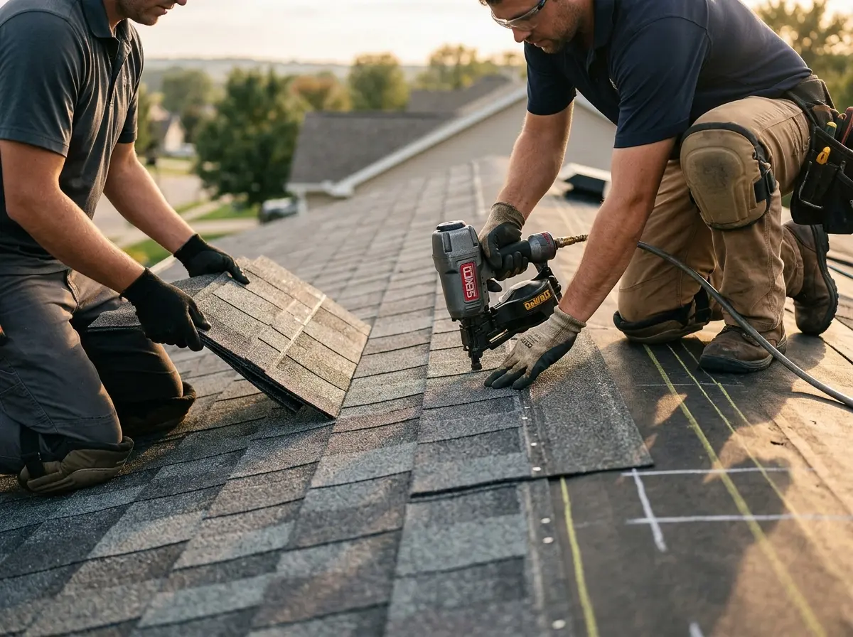 Professional roofer working on a residential roof in Reminderville
